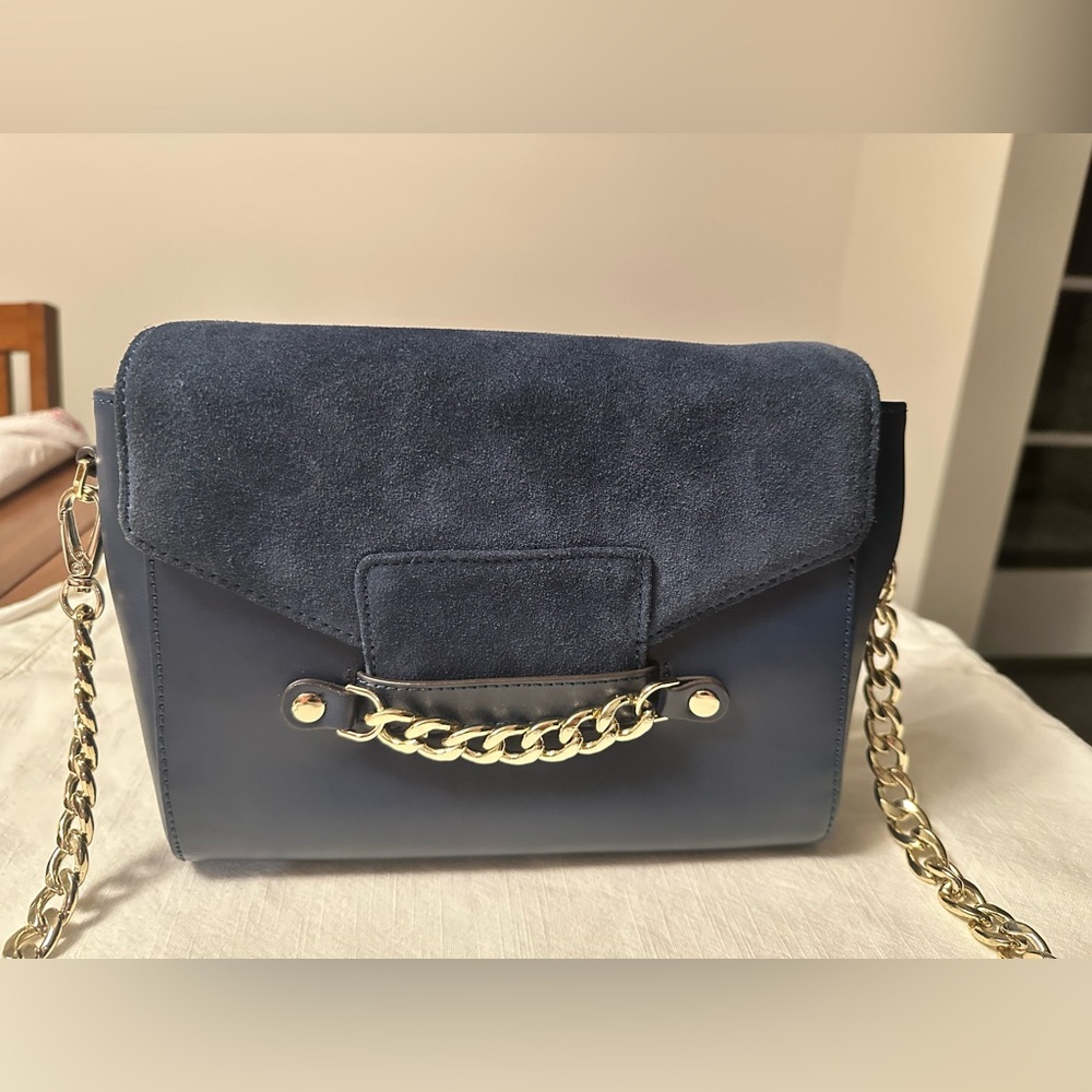 Cristina Sabatini Italian Leather and Suede Navy Handbag with Gold Chain Strap
